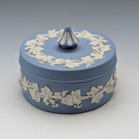 Vintage British Wedgwood Jasperware Round Box for Small Items, Pale Blue
